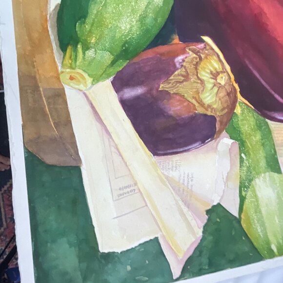 Vibrant Still Life Watercolor Painting Of Eggplants and Zucchini On Rustic Backg - Picture 7 of 9